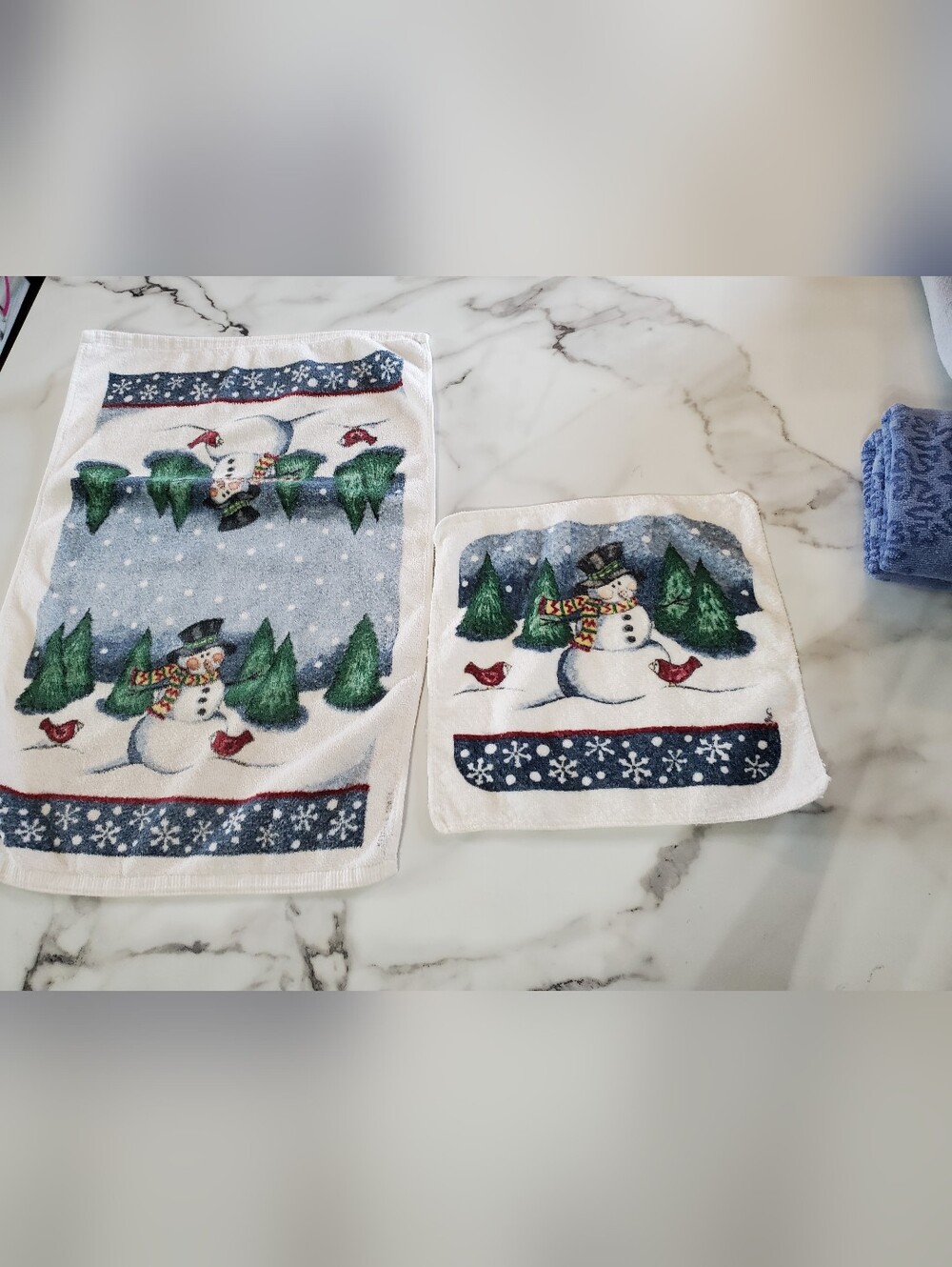 Vintage Cecil Saydah Winter Snowman & Cardinals Hand Towel & Wash cloth set